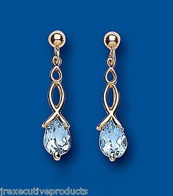 9ct Yellow Gold Blue Topaz Drop Earrings Pear Drops Hallmark November Birthstone
