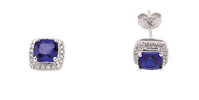 Sapphire Earrings Solid Silver Stud Platinum Plated Sterling Silver Cushion
