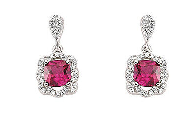 Ruby Earrings Sterling Silver Drop Cushion Drops Platinum Plated