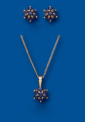 Sapphire Set Yellow Gold Pendant and Earrings Cluster Stud