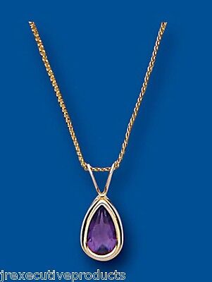 Real Amethyst Pendant Yellow Gold Pear Solitaire 18" Chain Hallmarked British