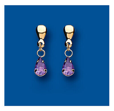 9ct Yellow Gold Amethyst Drop Earrings Pear Drops Hallmark February Birthstone