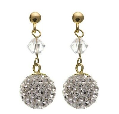 9ct Yellow Gold Crystal Ball Drop Earrings Glitterball Hallmarked Stick Drops