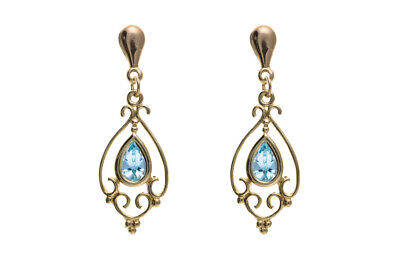 9ct Yellow Gold Blue Topaz Drop Earrings Chandelier Hallmark November Birthstone
