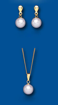 Pearl Set Yellow Gold Classic Pendant and Earrings Drops Hallmarked British Made