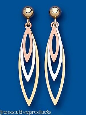 Three Colour Leaf Drop Earrings 9ct Yellow White and Rose Gold Drops Hallmarked