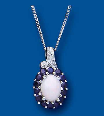 Sapphire and Opal Pendant Natural Diamond Sterling Silver 18" Chain Hallmarked