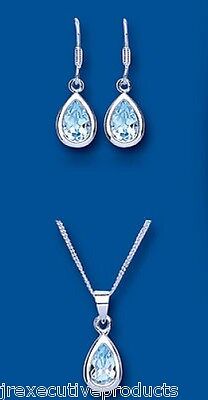 Blue Topaz Set Solid Silver Pendant and Drop Earrings Hallmarked