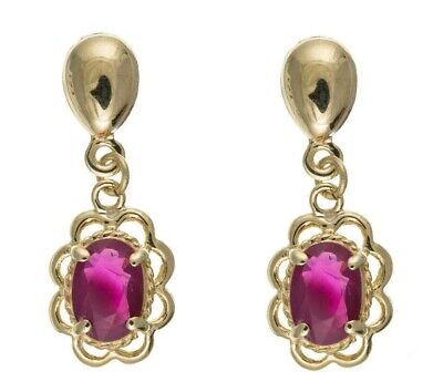 9ct Yellow Gold Ruby Drop Earrings Oval Drops Hallmark July Birthstone