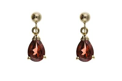 9ct Yellow Gold Garnet Drop Earrings Pear Drops Hallmark January Birthstone