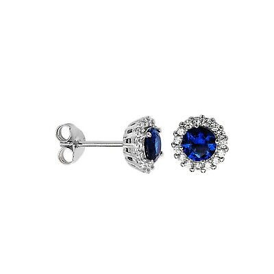 Sapphire Halo Cluster Earrings Sterling Silver Stud British Made 925 Hallmark
