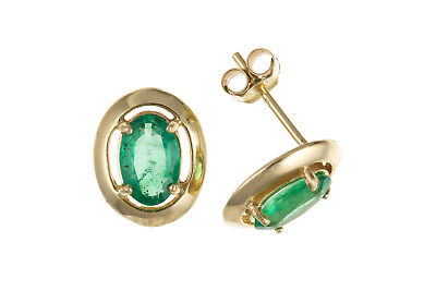 9ct Gold Emerald Stud Earrings Yellow Gold Oval Solitaire May Birthstone