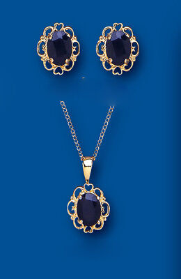 Sapphire Set Yellow Gold Pendant and Earrings Solitaire Stud