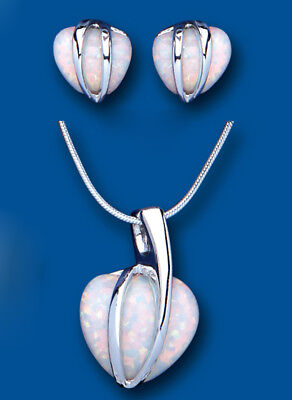 Opal Heart Pendant and Earrings Set Solid Sterling Silver 16" Snake Chain