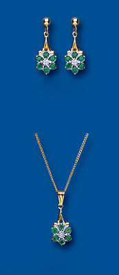 Emerald and Diamond Pendant and Earring Set Drop Earrings Yellow Gold