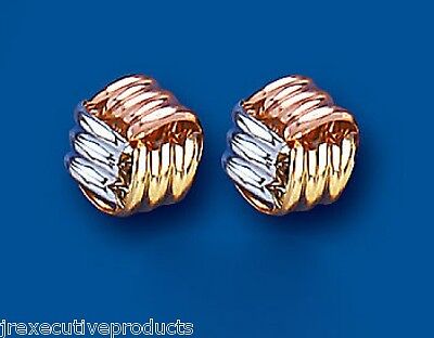 Multi Tone Gold Knot Stud Earrings 9mm Solid 9 Carat Yellow Rose White Gold