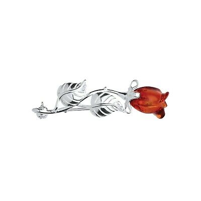 Amber Rose Brooch Solid Sterling Silver Pin 925 Hallmark