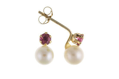Ruby and Pearl Pendant and Earrings Set Solid Yellow Gold Hallmarked Freshwater