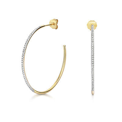 9ct Yellow Gold Diamond Hoop Earrings 30mm Real Diamonds 0.15ctw