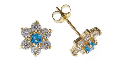 9ct Gold Blue Topaz Cluster Earrings Yellow Gold Stud November Birthstone