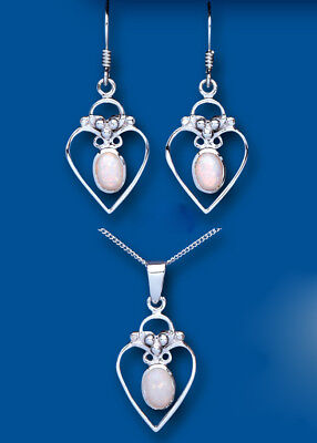 Opal Pendant and Earrings Set Solid Sterling Silver Hearts