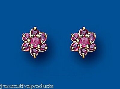 9ct Gold Ruby Cluster Earrings Flower Studs Yellow Gold July Birthstone