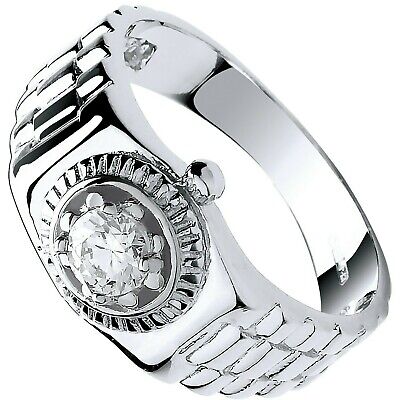 9ct White Gold Watch Style Ring Solitaire Gents Hallmarked