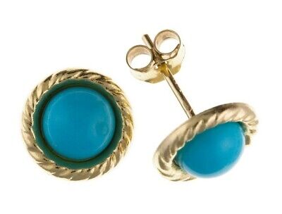 Real Turquoise Solitaire Stud Earrings 9ct Yellow Gold Round Studs