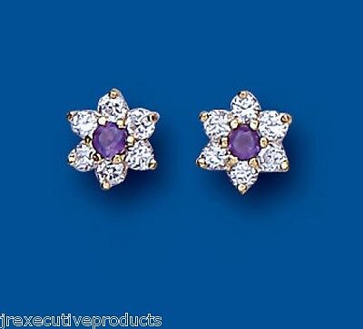9ct Gold Amethyst Cluster Stud Earrings Yellow Gold February Birthstone Hallmark