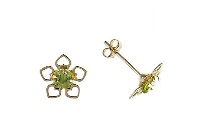 9ct Gold Perdiot Flower Earrings Heart Edge Yellow Gold August Birthstone