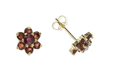 9ct Gold Garnet Earrings Cluster Stud Yellow Gold January Birthstone