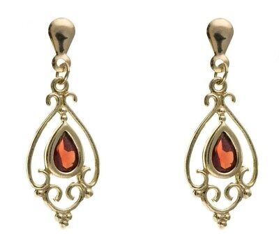 9ct Yellow Gold Garnet Drop Earrings Chandelier Hallmark January Birthstone