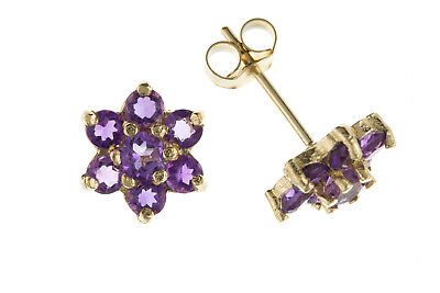 9ct Gold Amethyst Stud Earrings Yellow Gold Cluster Studs February Birthstone
