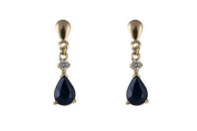 9ct Yellow Gold Sapphire Drop Earrings Teardrop Hallmarked September Birthstone