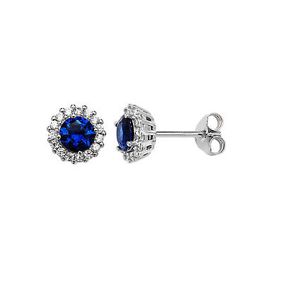 Sapphire Halo Cluster Earrings Sterling Silver Stud British Made 925 Hallmark