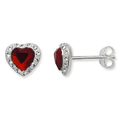 Garnet Heart Stud Earrings Sterling Silver Rhodium British Made Hallmark 925