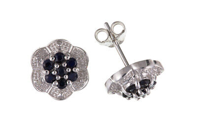 Sapphire Earrings Diamond Stud Sterling Silver Studs Natural Sapphire & Diamond