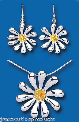 Sterling Silver Flower Set Pendant and Drop Earrings Statement Gold detail