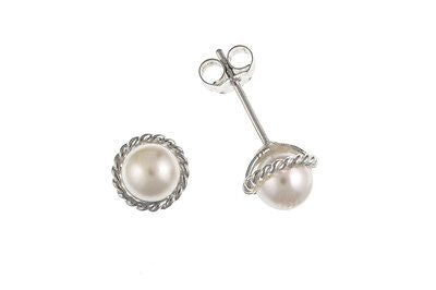 Pearl Earrings Silver Stud Sterling Silver Studs Rope Edge