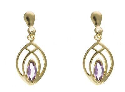 Yellow Gold Amethyst Earrings Marquise Drops Drop Hallmarked Natural Stones