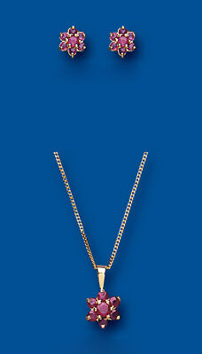 Gold Ruby Pendant and Earrings Set Cluster Solid Yellow Gold Hallmarked