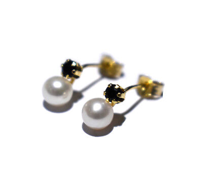 Sapphire and Pearl Earrings Yellow Gold Freshwater Cultured Studs Natural Stones