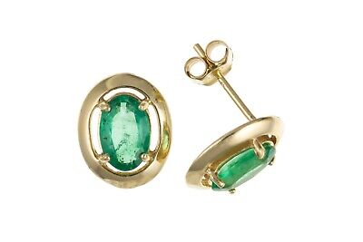 9ct Gold Emerald Stud Earrings Yellow Gold Oval Solitaire May Birthstone