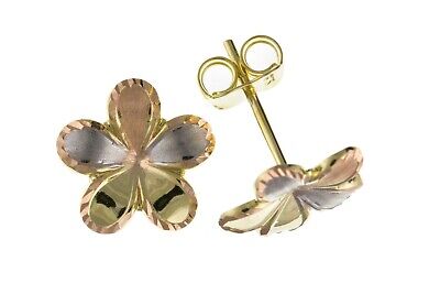 9ct Three Colour Flower Stud Earrings Solid Rose White Yellow Gold British Made