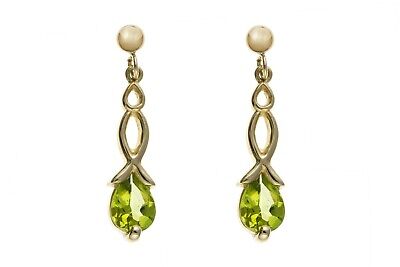9ct Yellow Gold Peridot Drop Earrings Twist Drops Hallmark August Birthstone