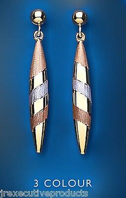 Three Colour Gold Bomber Drop Earrings 9ct Yellow White Rose Gold Hallmarked