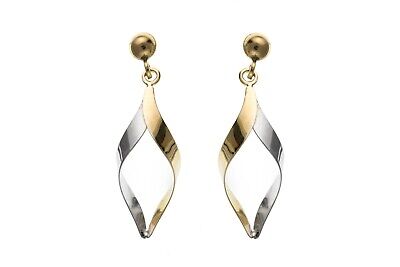 9ct Two Colour Twist Drop Earrings Yellow and White Gold Hallmarked Drops Dangly