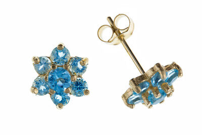 9ct Gold Blue Topaz Cluster Stud Earrings Yellow Gold November Birthstone