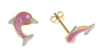 9ct Dolphin Stud Earrings Yellow Gold Pink Enamel Studs British Made