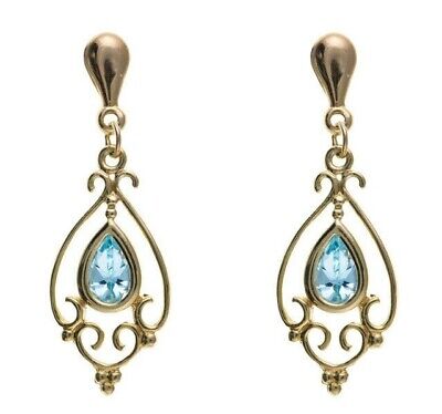 9ct Yellow Gold Blue Topaz Drop Earrings Chandelier Hallmark November Birthstone